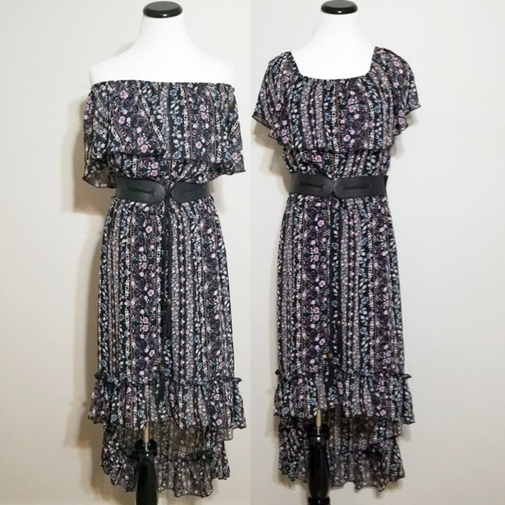 Retro 70s Boho High Low Belted Maxi Dress Sz S NEW M.Fasis Flowy Hippie